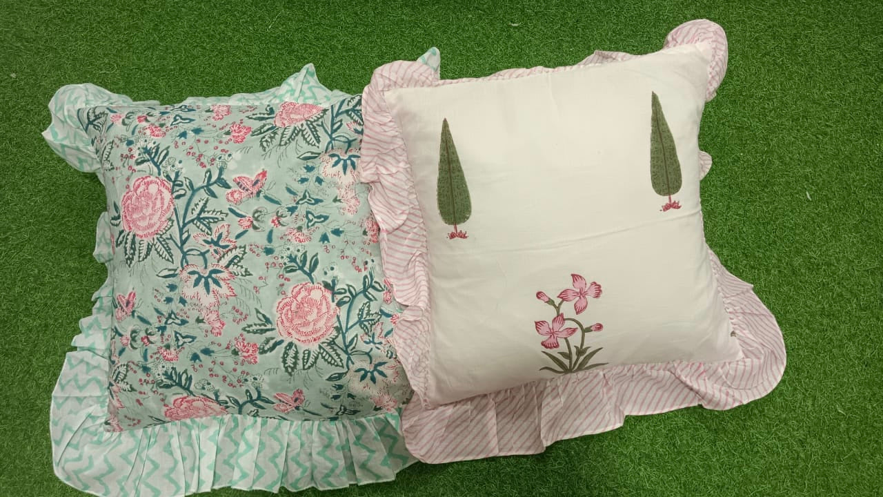 Pure cotton handblock printed set of 2 ruffled cushion covers (16x16 inches)