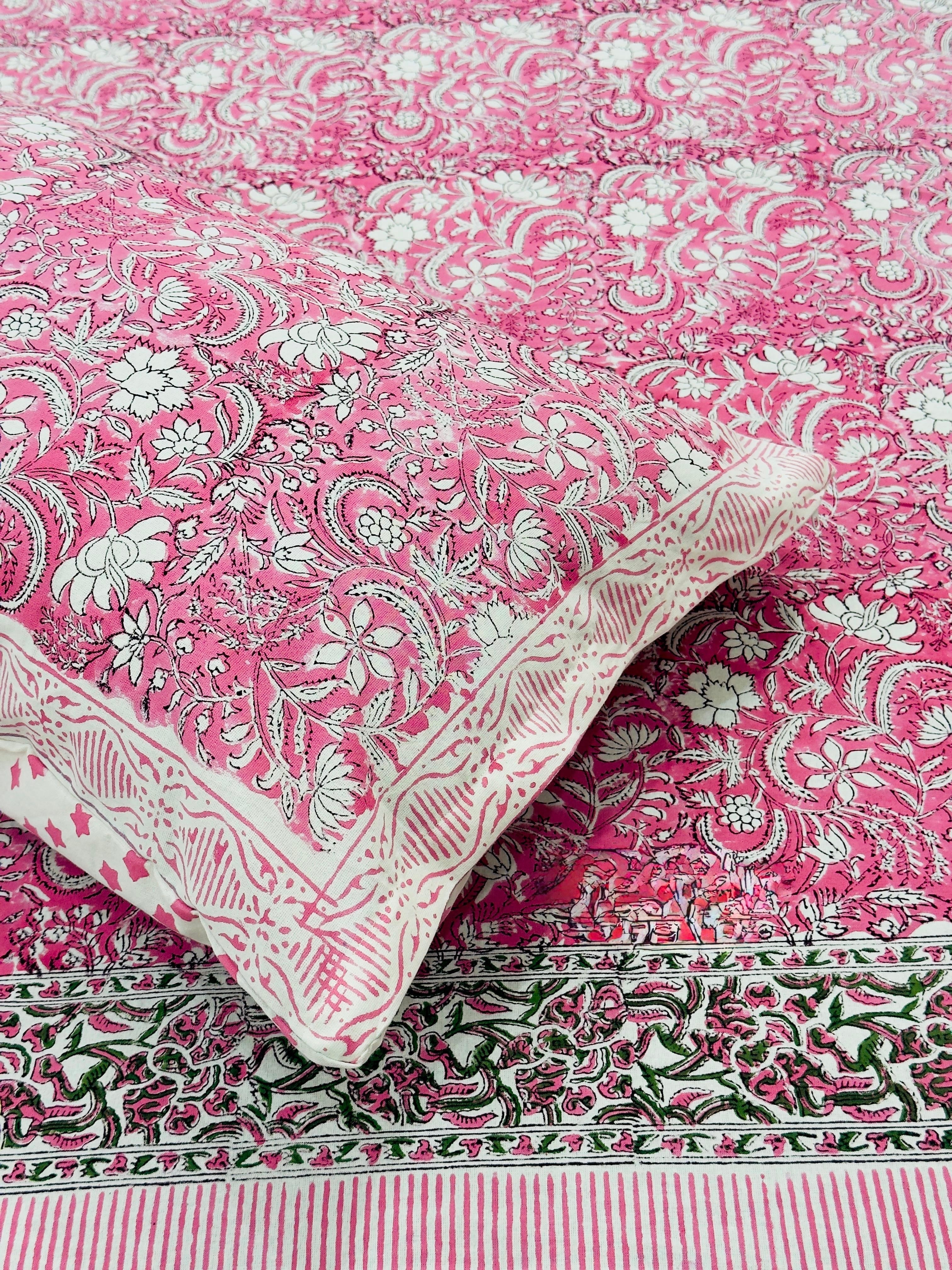 Pure cotton handblock printed king size bedsheet with 2 pillow covers (100x108 inches)