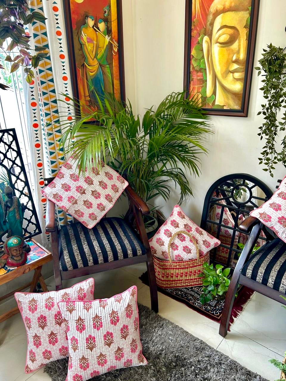 Pure cotton hand block printed quilted cushion covers 16x16 inches (Set of 5)