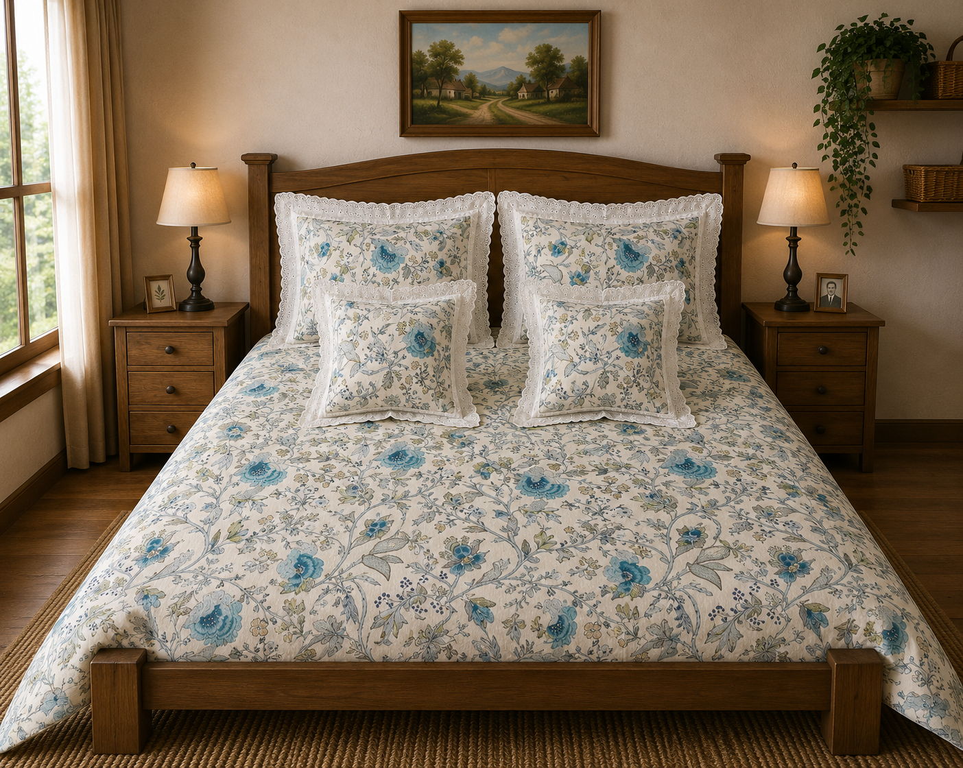 Pure cotton 5 piece bedding sets with 2 laced pillow covers and 2 laced cushion cover (108x108 inches)
