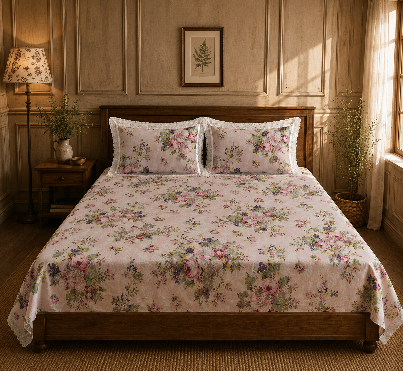 Pure cotton super king size bedsheets with 2 laced pillow covers (108x108 inches/9x9 feet)