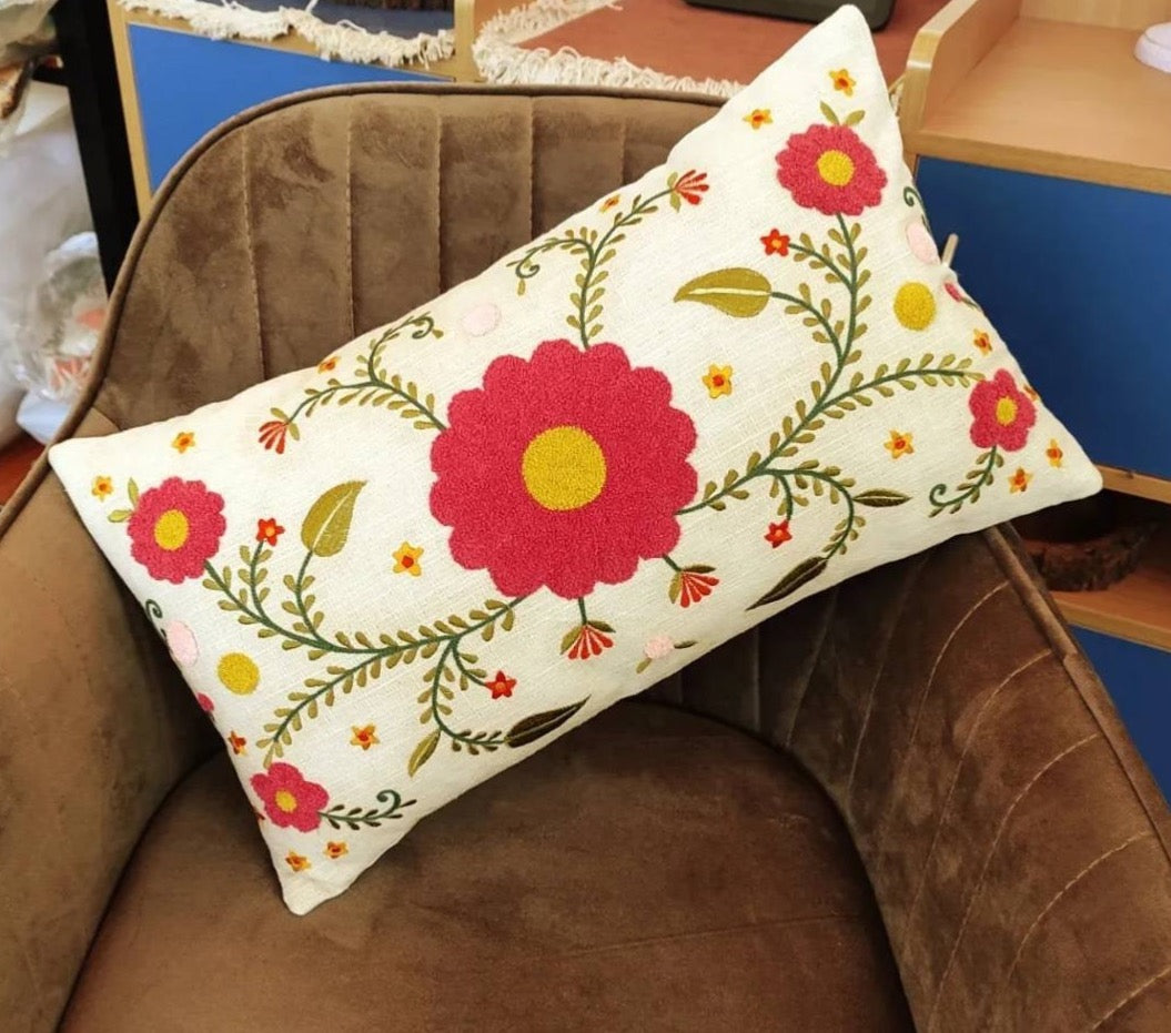 Floral hand embroidered and handmade rectangular cushion cover (30x50 cms)