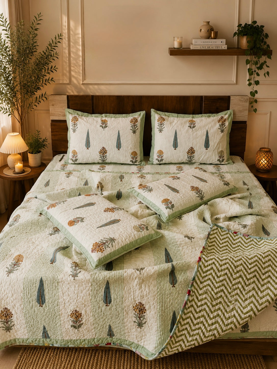 Pure cotton handblock printed king size 6 piece bedding set