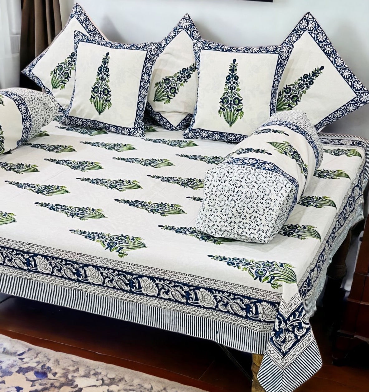 Pure cotton hand block printed 8 piece traditional diwan set (70x100 inches)