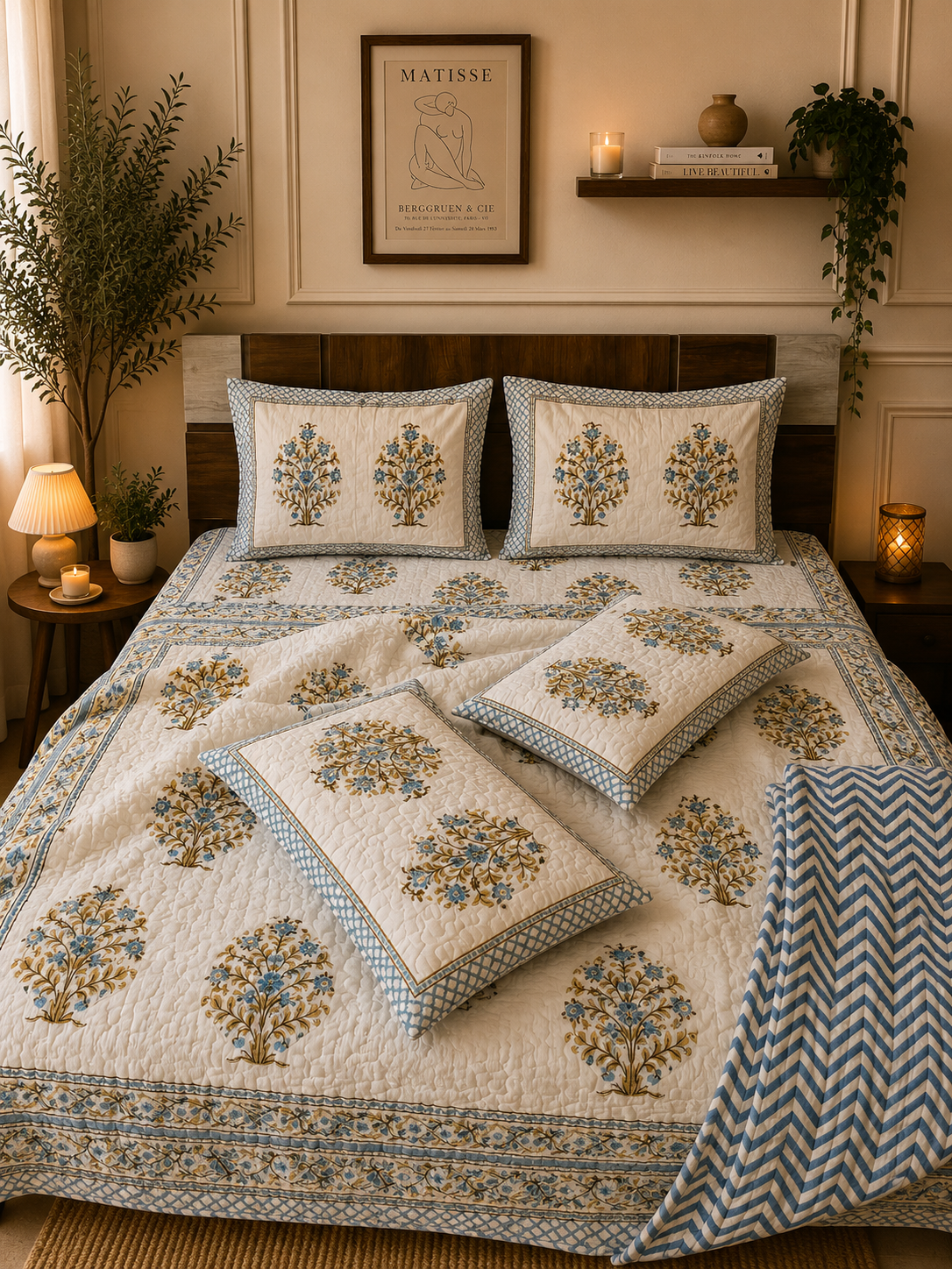 Pure cotton handblock printed king size 6 piece bedding set