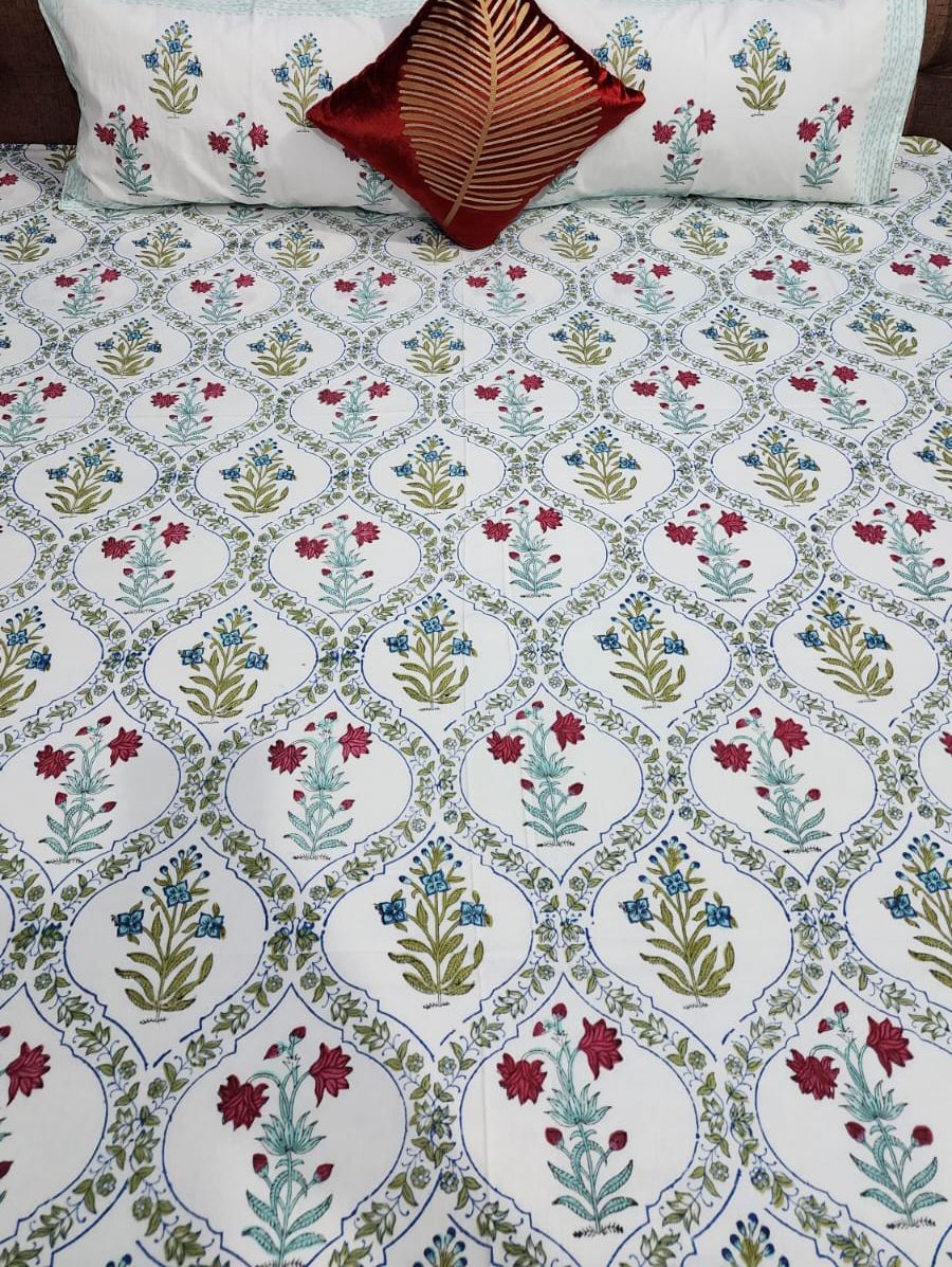 Wooden Handblock printed king size bedsheet with two flapped pillow covers (100x108 inches)