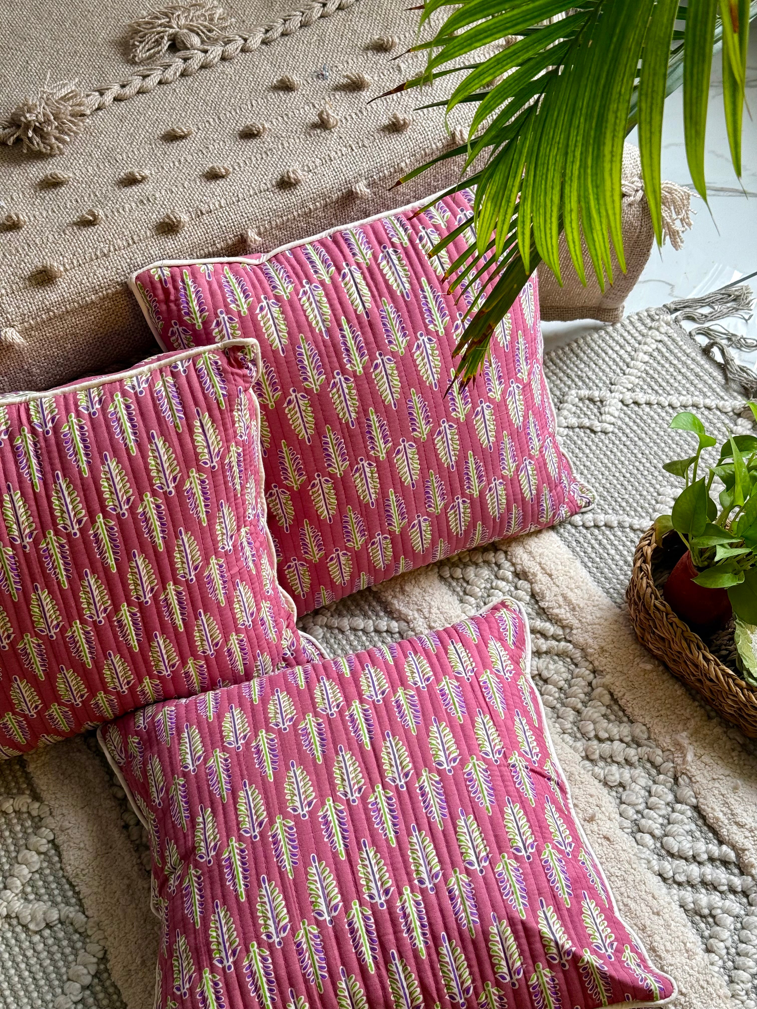 Pure cotton hand block printed quilted cushion covers 16x16 inches (Set of 5)