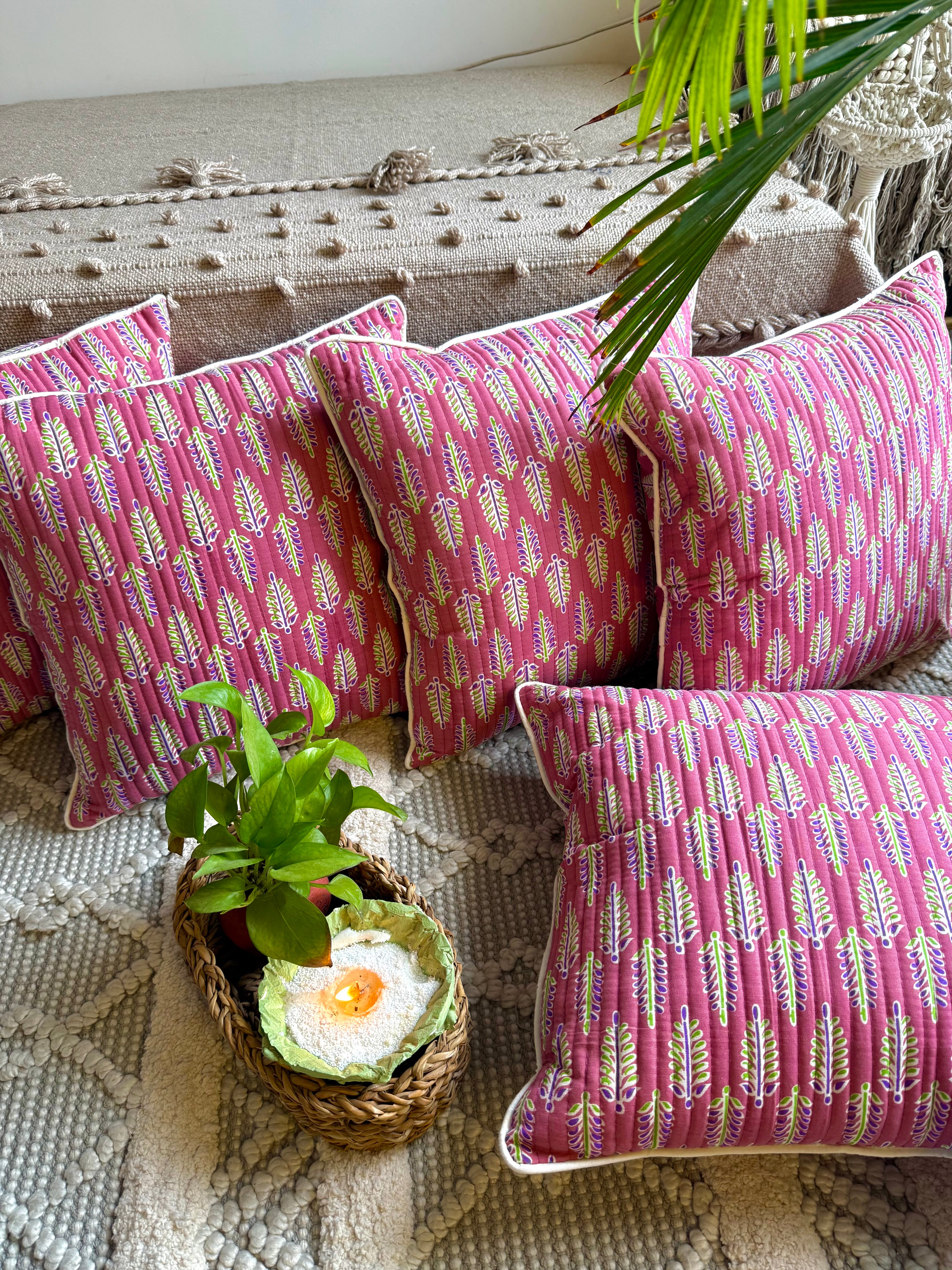 Pure cotton hand block printed quilted cushion covers 16x16 inches (Set of 5)