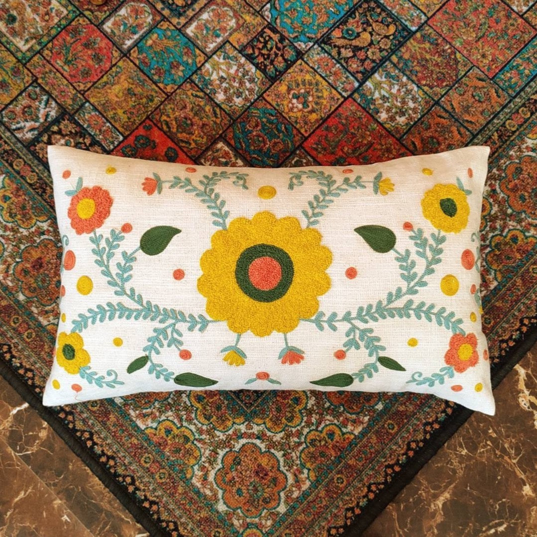 Floral hand embroidered and handmade rectangular cushion cover (30x50 cms)