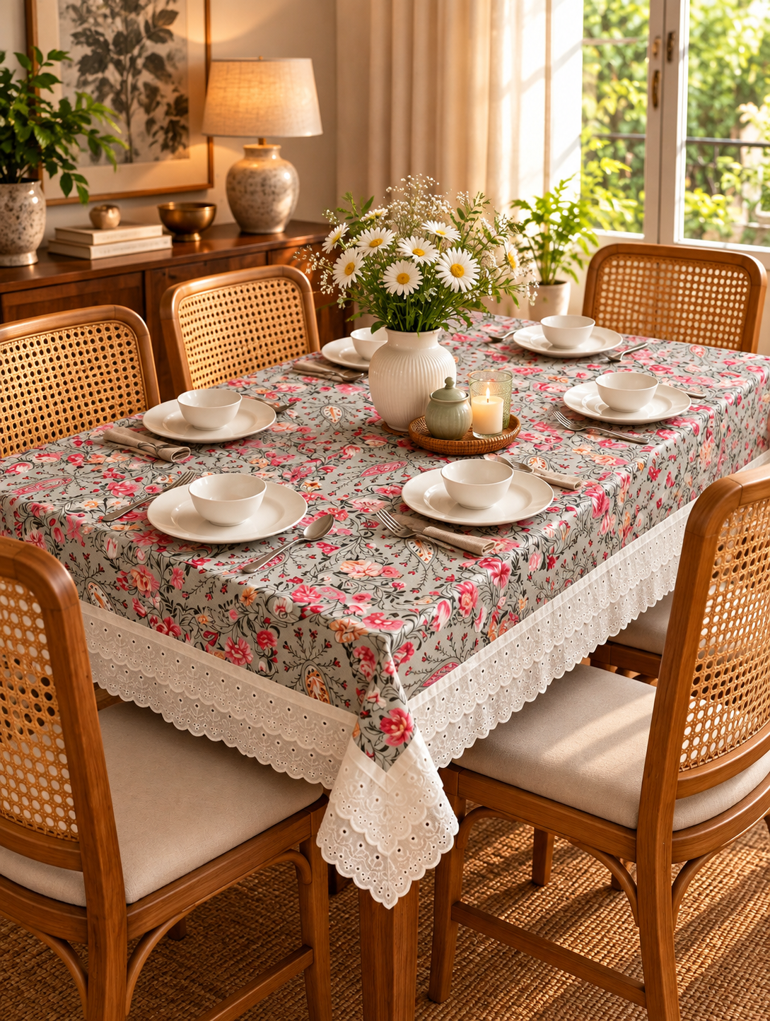 Pure cotton laced table covers for 4, 6 and 8 seater dining tables