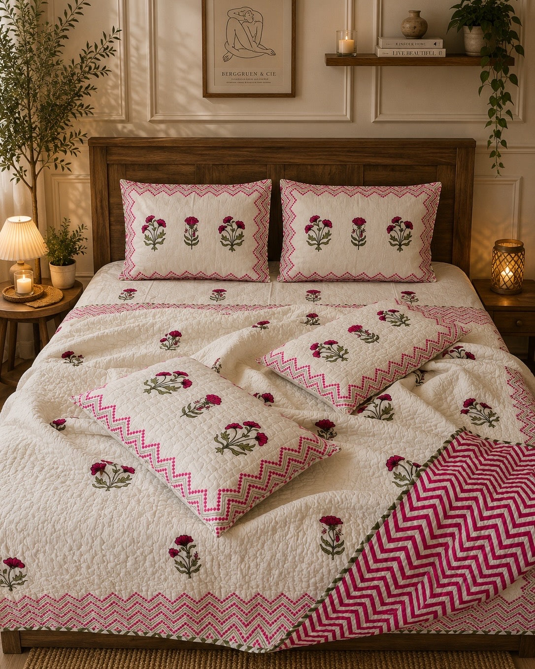 Pure cotton handblock printed king size 6 piece bedding set