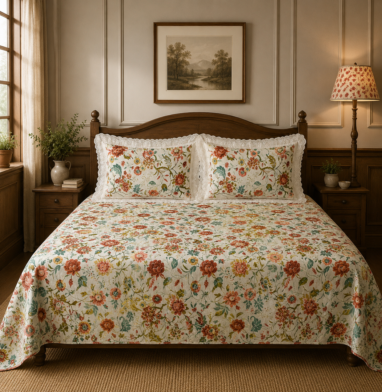 Pure cotton super king size bedsheets with 2 laced pillow covers (108x108 inches/9x9 feet)