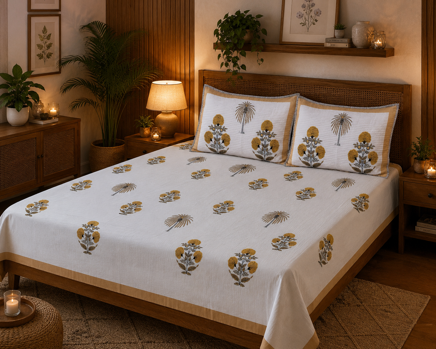 Pure cotton king size bedsheets with 2 quilted pillow covers (100x108 inches)
