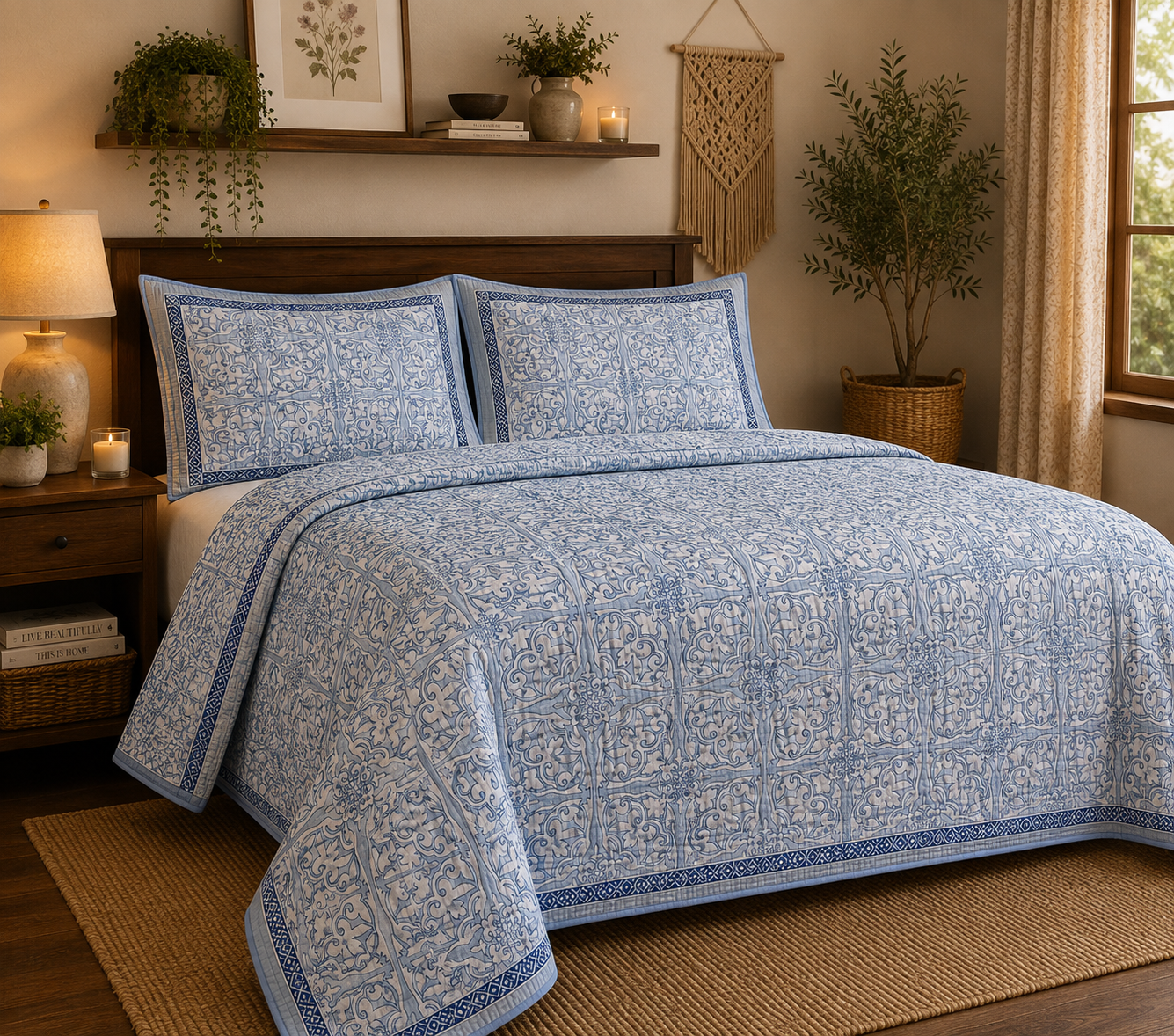 Pure cotton quilted bedcovers with two quilted pillow covers (90x108 inches)