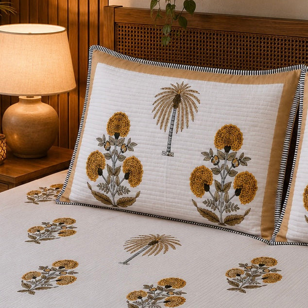 Pure cotton king size bedsheets with 2 quilted pillow covers