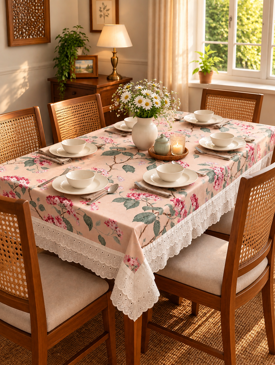 Pure cotton laced table covers for 4, 6 and 8 seater dining tables