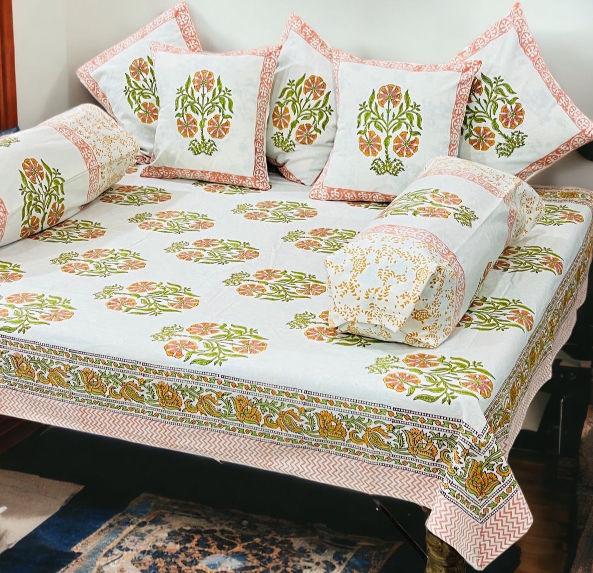 Pure cotton hand block printed 8 piece traditional diwan set (70x100 inches)