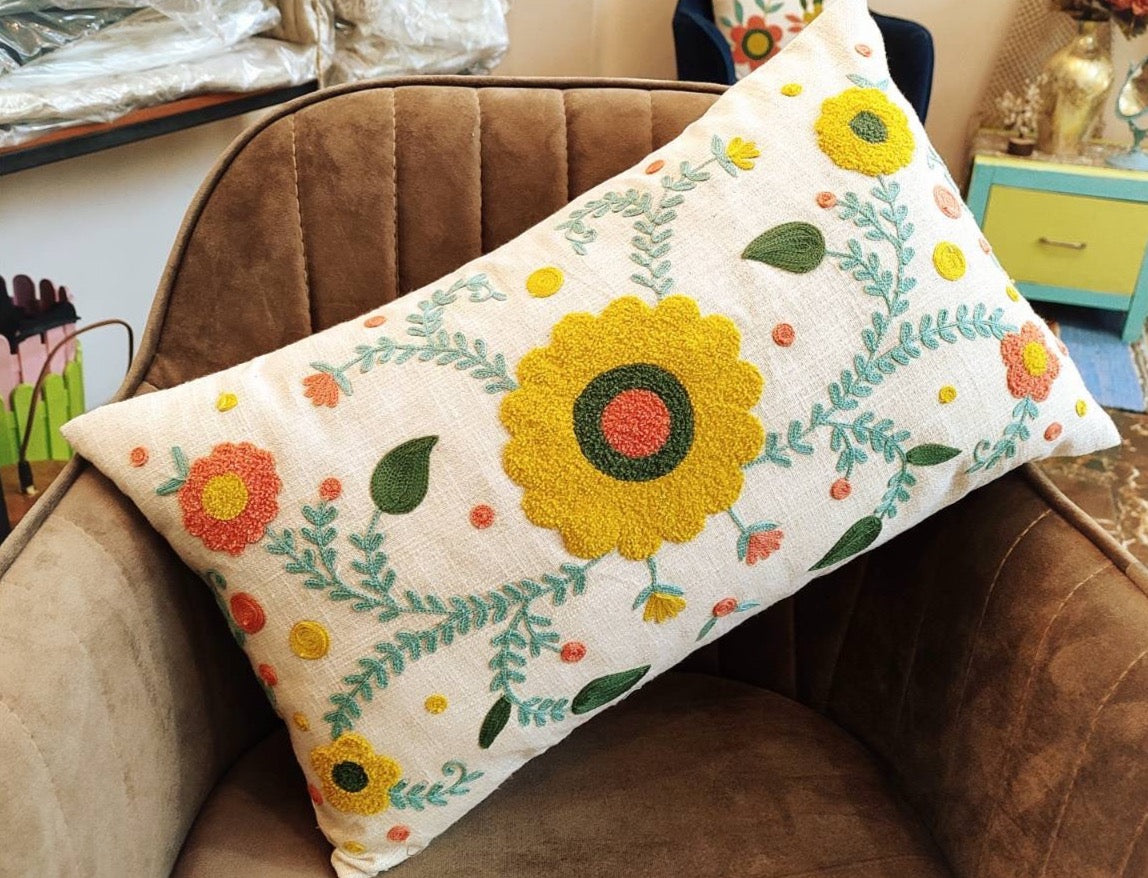 Floral hand embroidered and handmade rectangular cushion cover (30x50 cms)