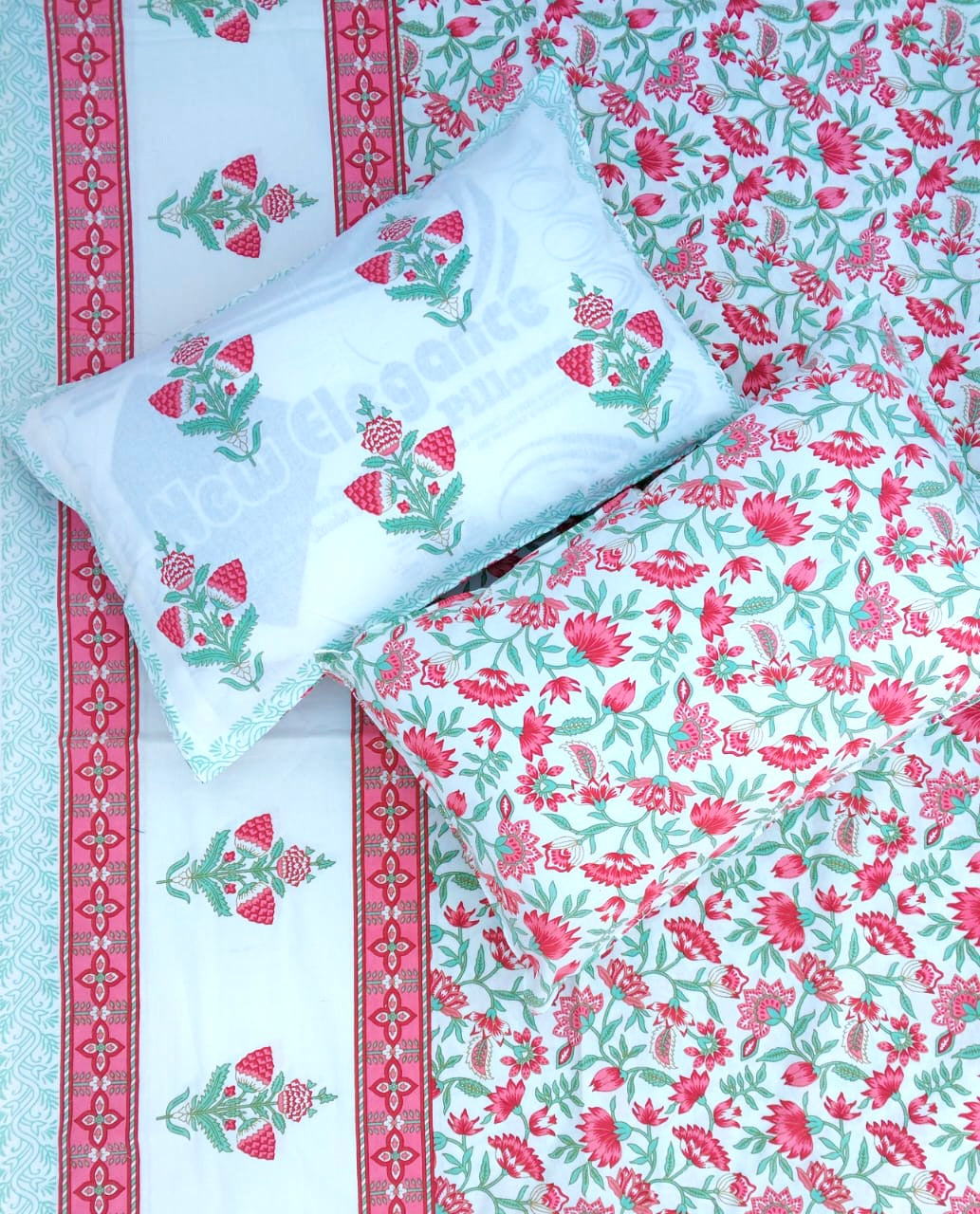 Queen size pure cotton hand block printed bedsheet with two pillow covers (90x108 inches)