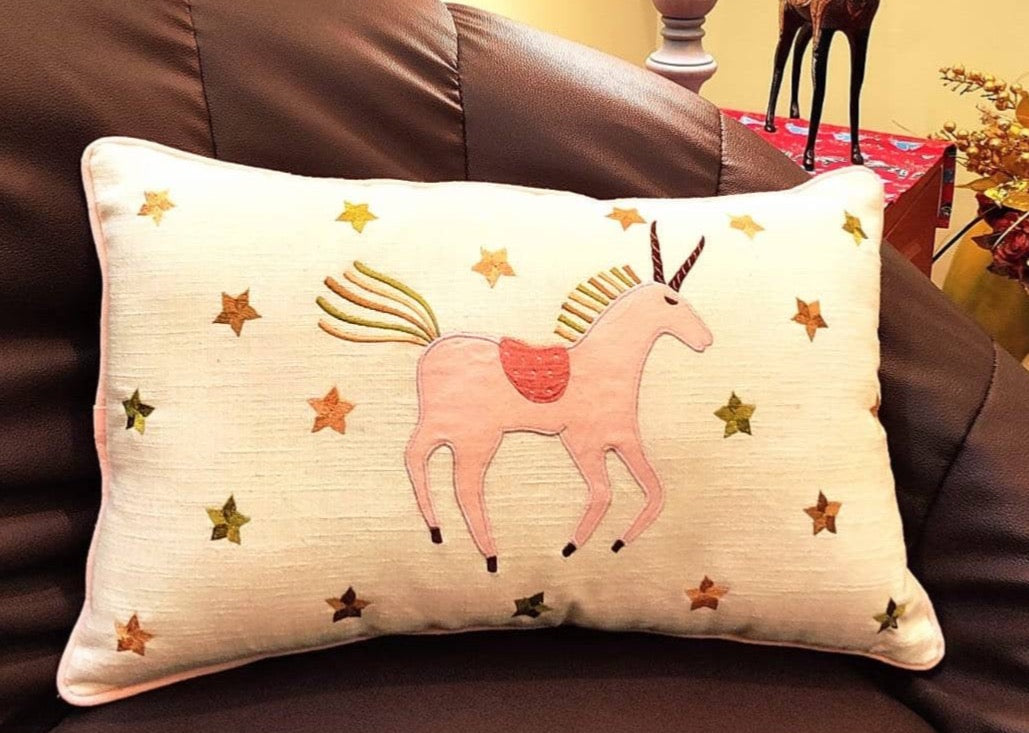 Beautiful unicorn patch work rectangular cushion cover (30x50 cms)