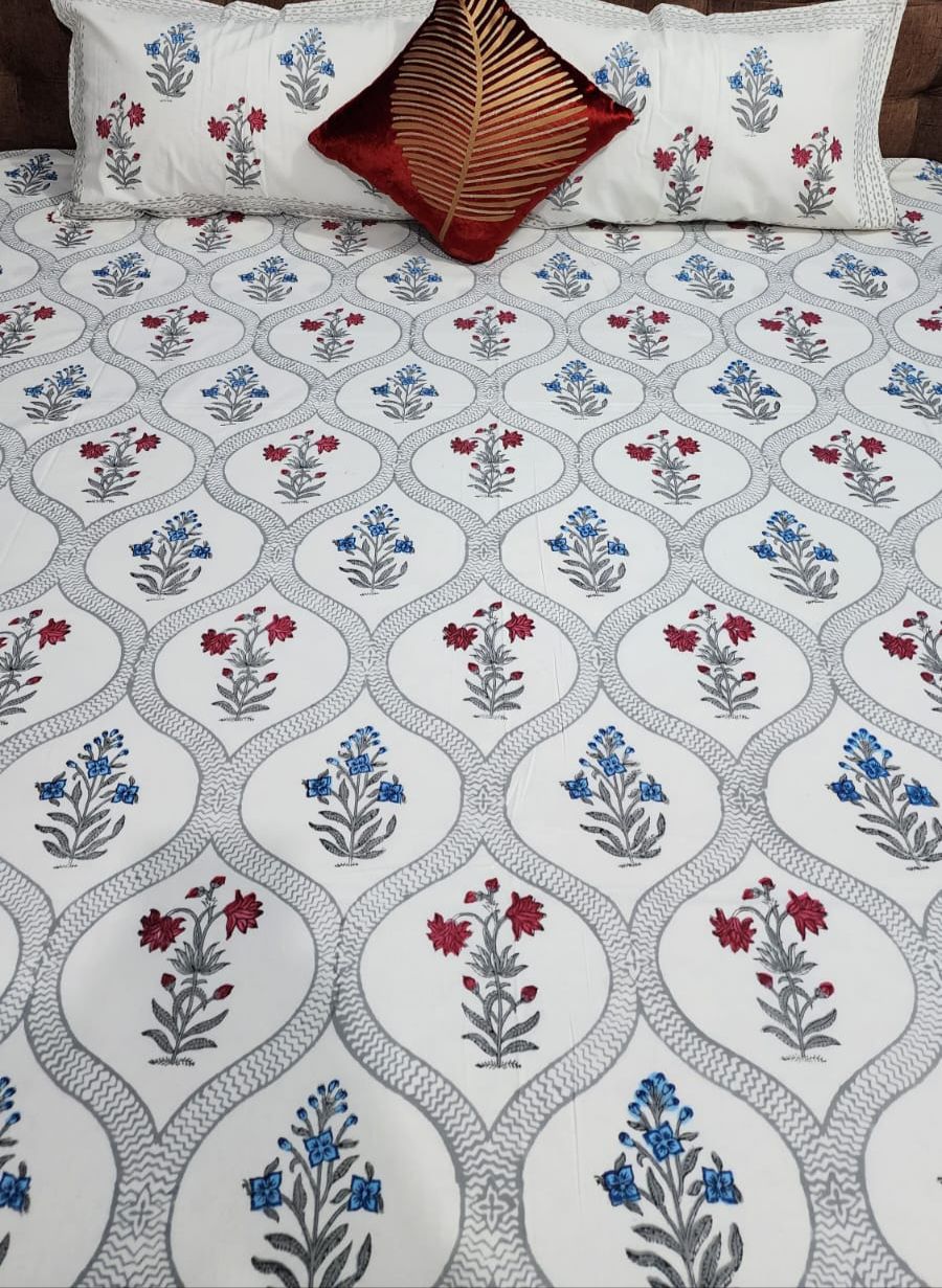 Wooden Handblock printed king size bedsheet with two flapped pillow covers (100x108 inches)