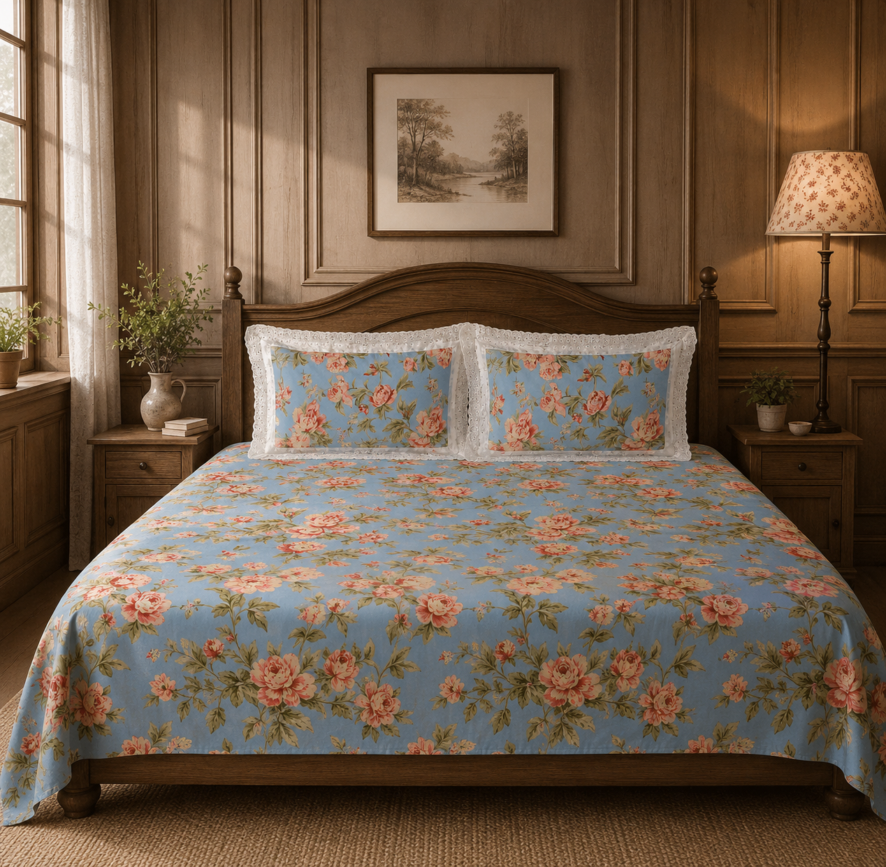 Pure cotton super king size bedsheets with 2 laced pillow covers (108x108 inches/9x9 feet)
