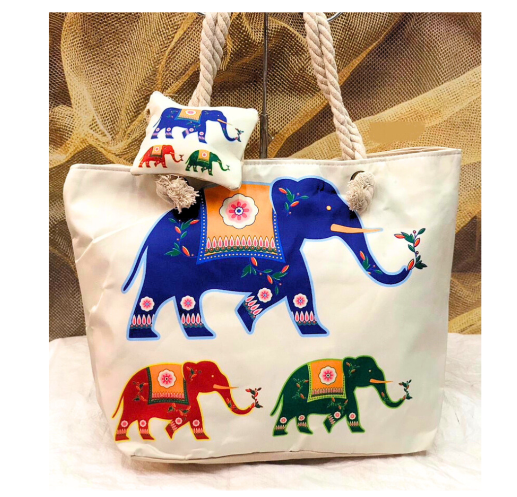 Jute cotton printed elephant tote bag 16x16 inches Aarika Decor