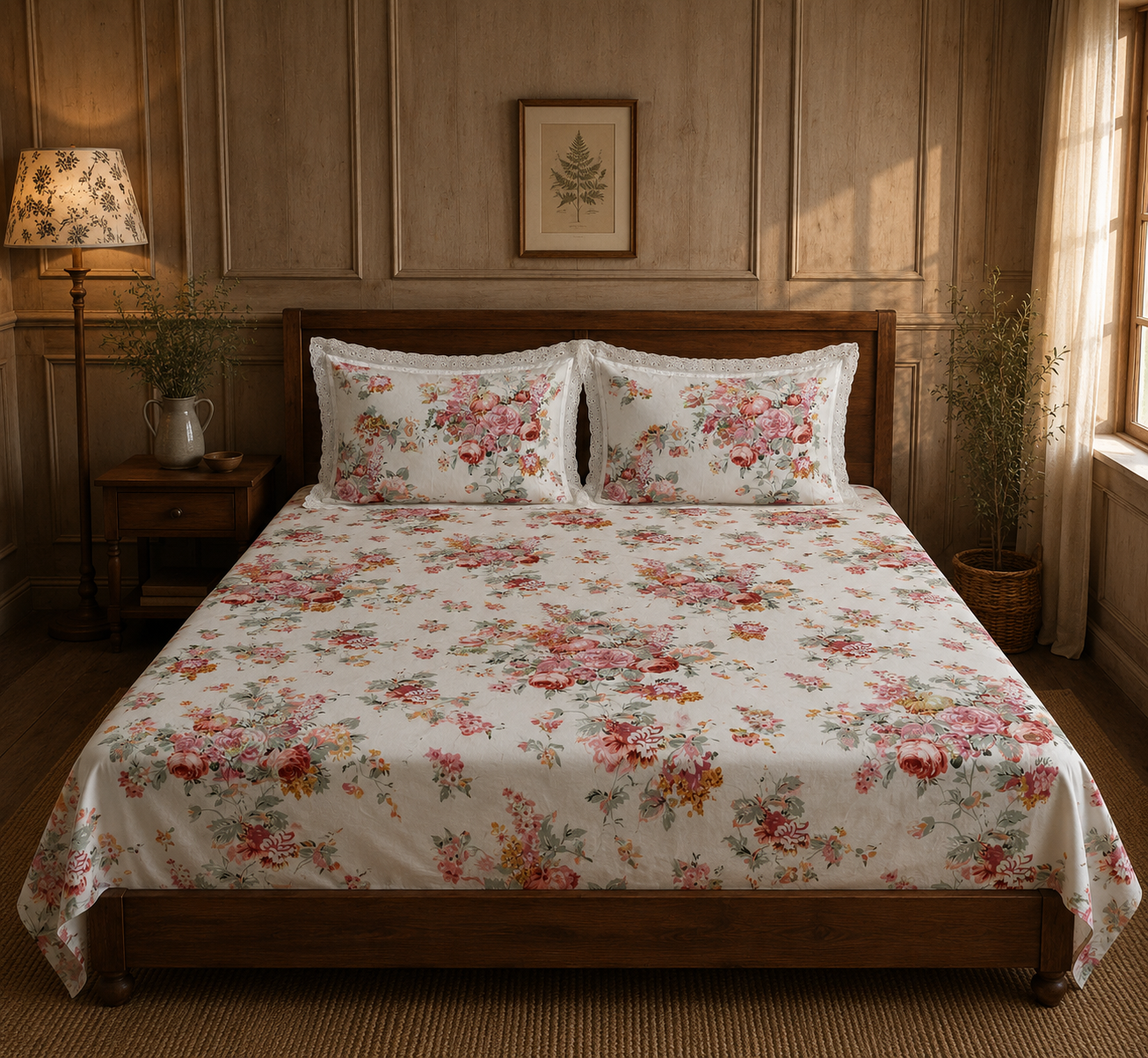 Pure cotton super king size bedsheets with 2 laced pillow covers (108x108 inches/9x9 feet)