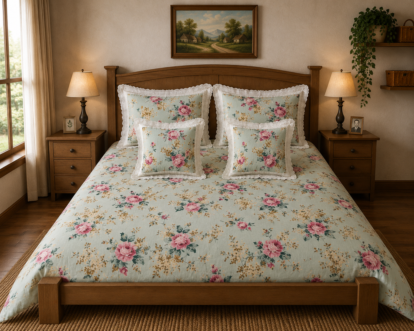 Pure cotton 5 piece bedding sets with 2 laced pillow covers and 2 laced cushion cover (108x108 inches)