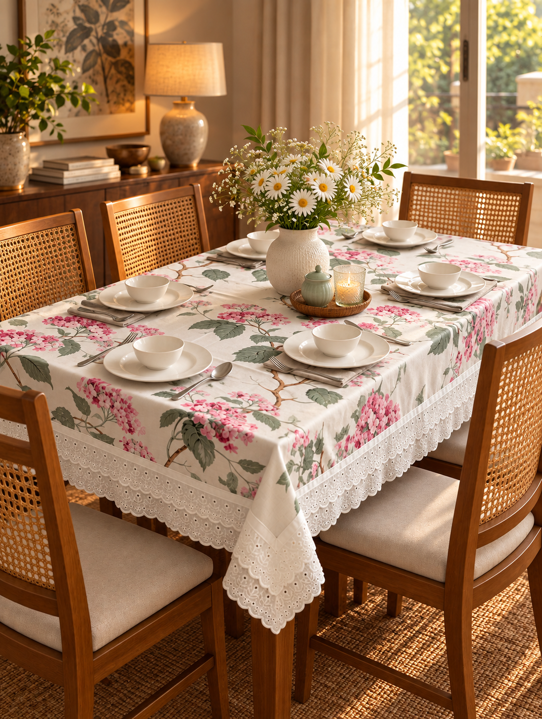 Pure cotton laced table covers for 4, 6 and 8 seater dining tables