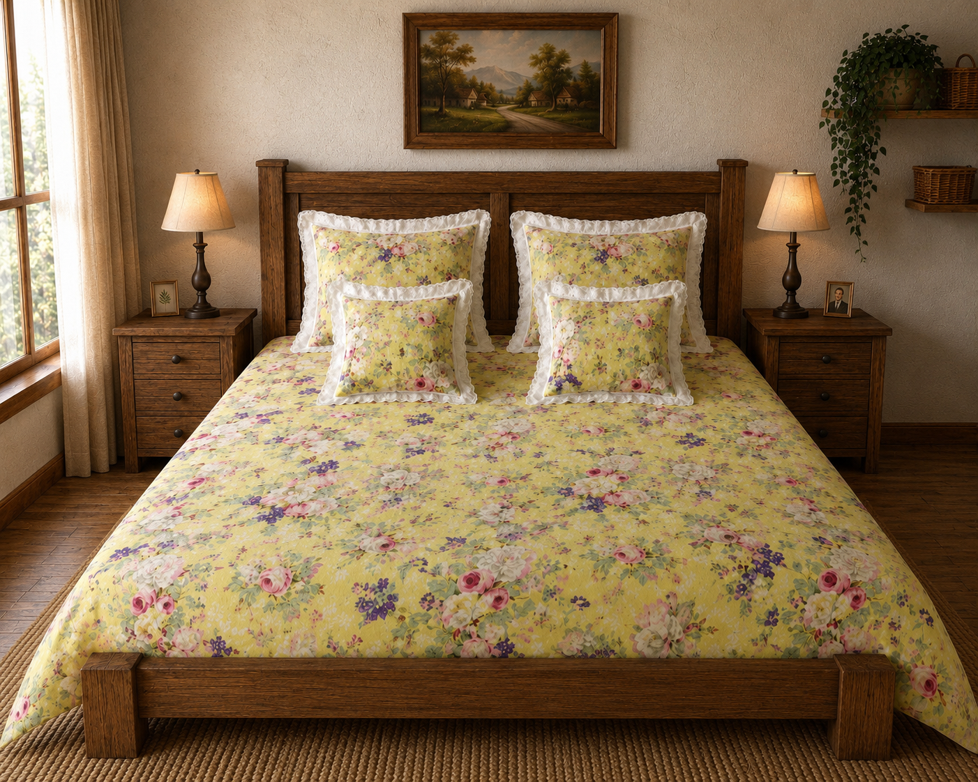 Pure cotton 5 piece bedding sets with 2 laced pillow covers and 2 laced cushion cover (108x108 inches)