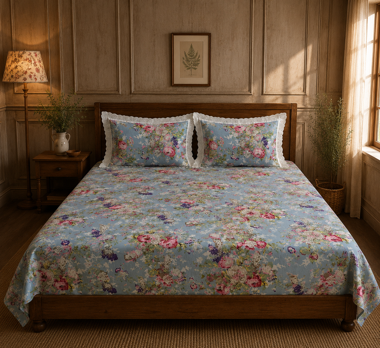 Pure cotton super king size bedsheets with 2 laced pillow covers (108x108 inches/9x9 feet)