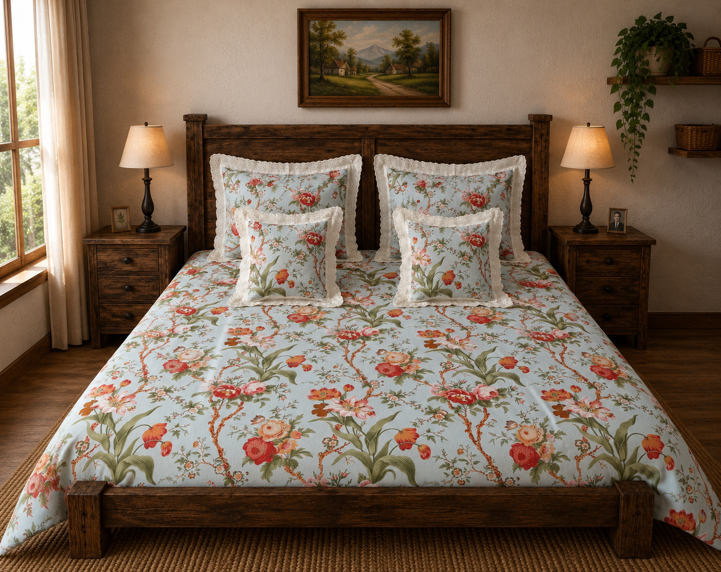 Pure cotton 5 piece bedding sets with 2 laced pillow covers and 2 laced cushion cover (108x108 inches)