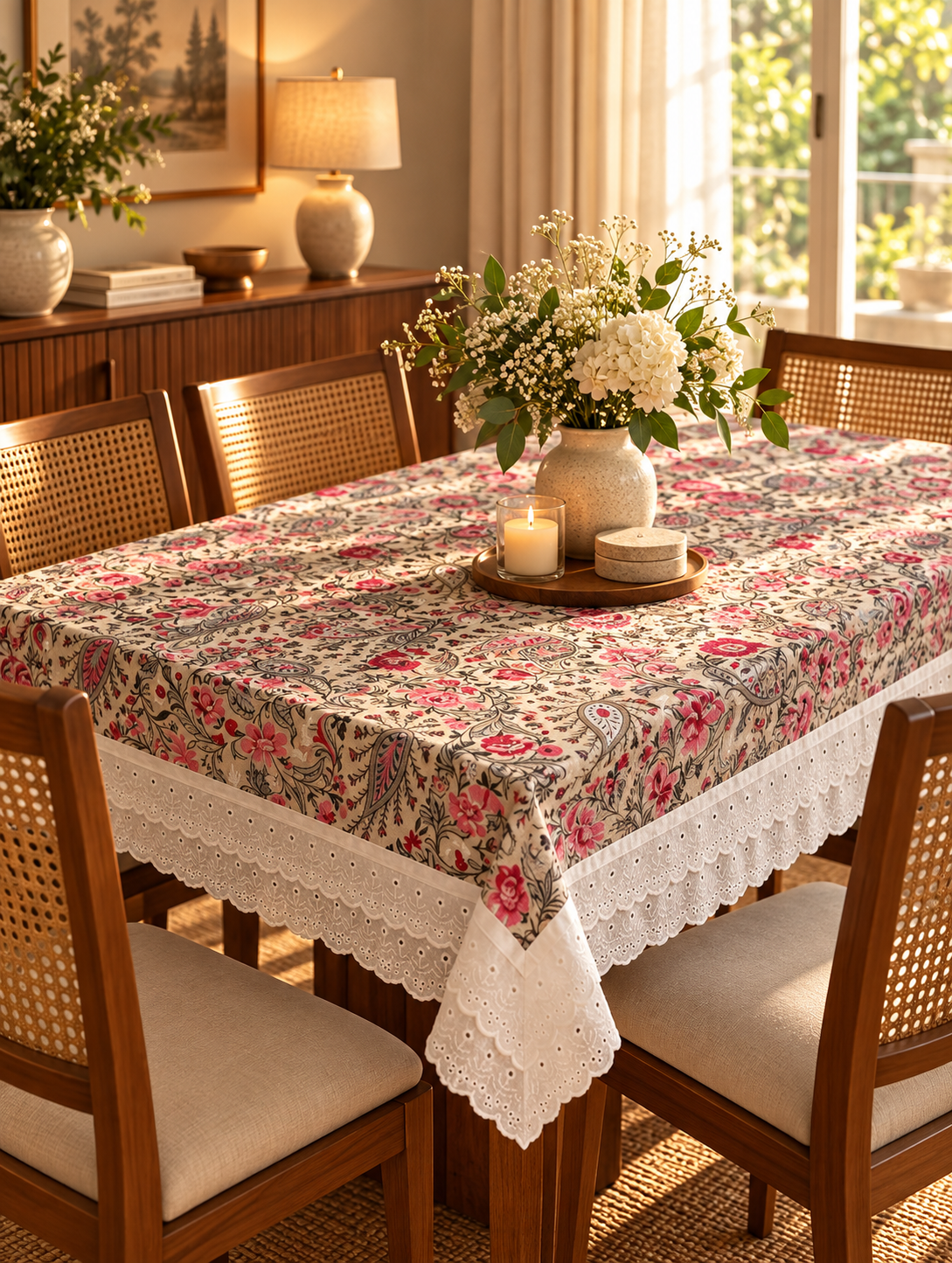 Pure cotton laced table covers for 4, 6 and 8 seater dining tables