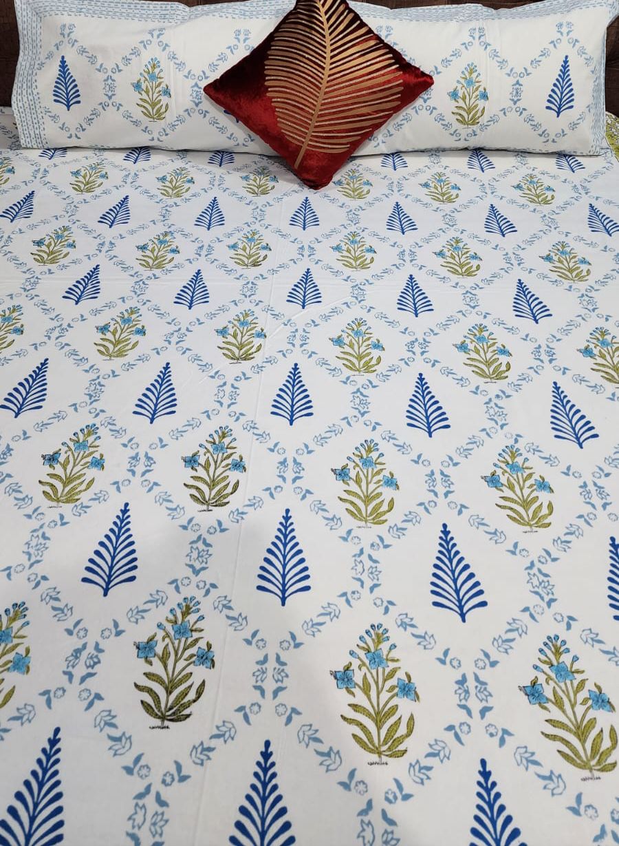 Wooden Handblock printed king size bedsheet with two flapped pillow covers (100x108 inches)