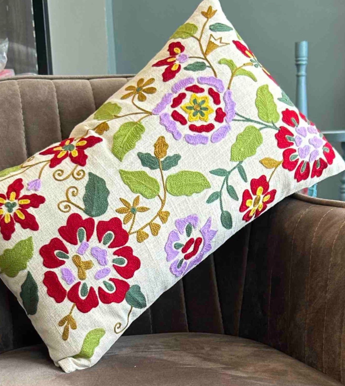 Multicolour floral Aari embroidery rectangular cushion cover (30x50 cms)