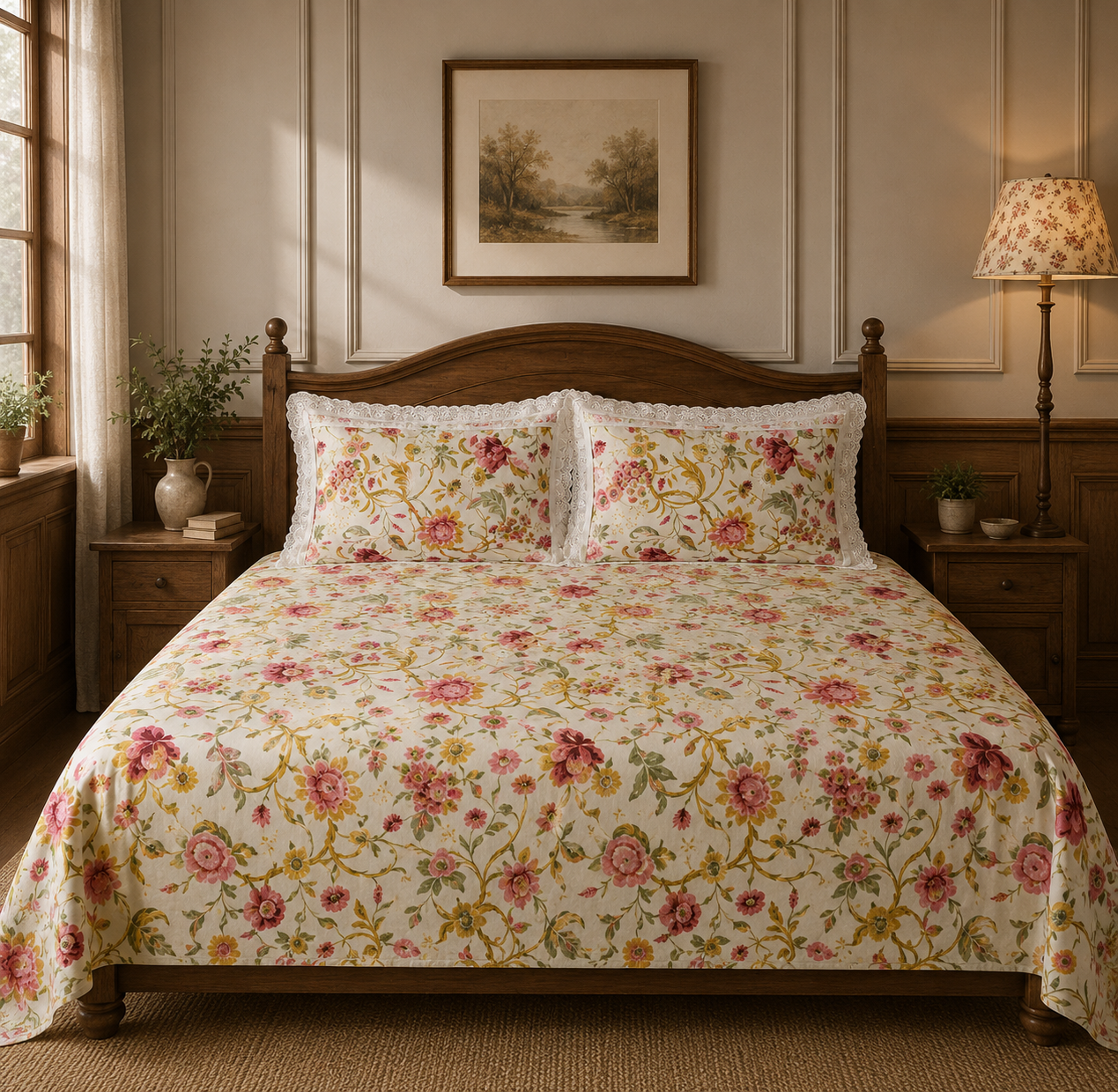 Pure cotton super king size bedsheets with 2 laced pillow covers (108x108 inches/9x9 feet)