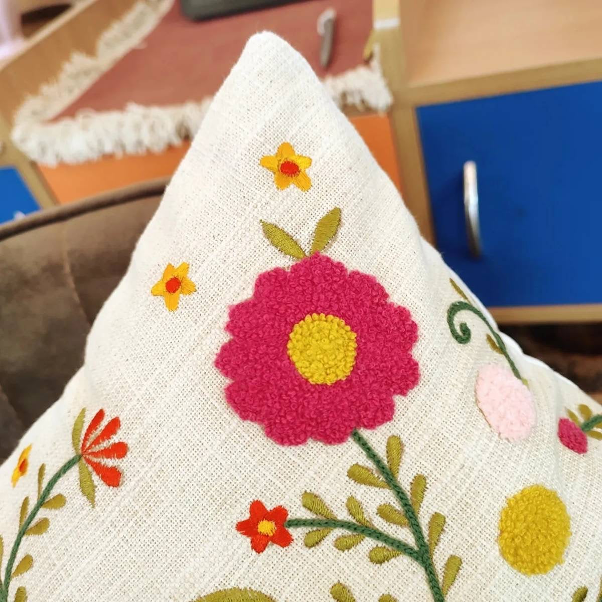 Floral hand embroidered and handmade rectangular cushion cover (30x50 cms)
