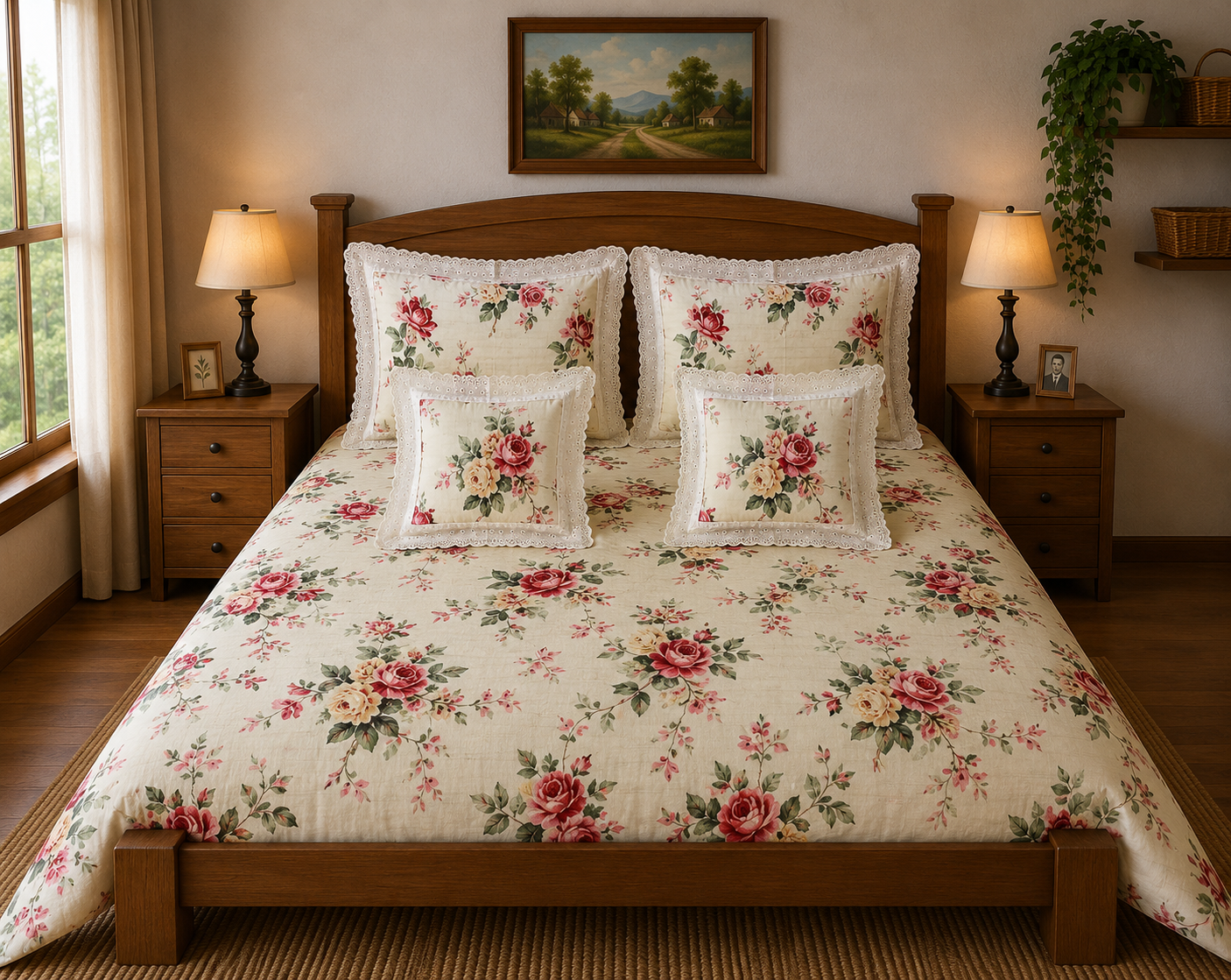 Pure cotton 5 piece bedding sets with 2 laced pillow covers and 2 laced cushion cover (108x108 inches)