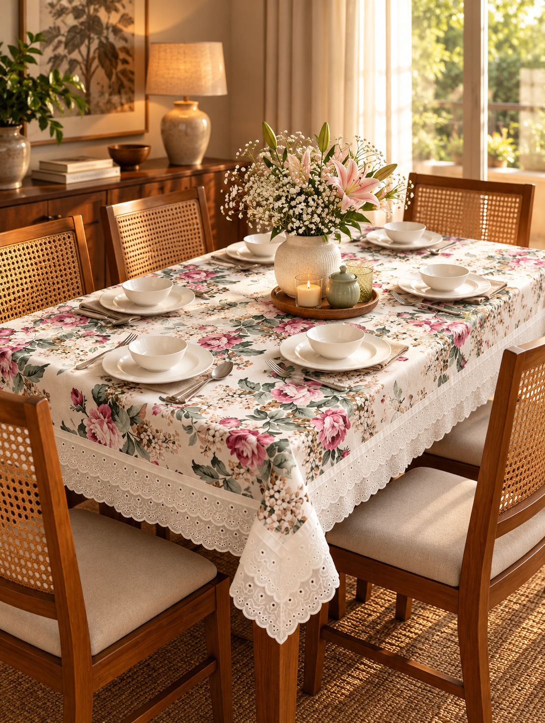 Pure cotton laced table covers for 4, 6 and 8 seater dining tables