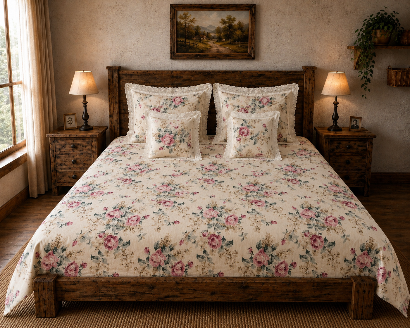 Pure cotton 5 piece bedding sets with 2 laced pillow covers and 2 laced cushion cover (108x108 inches)