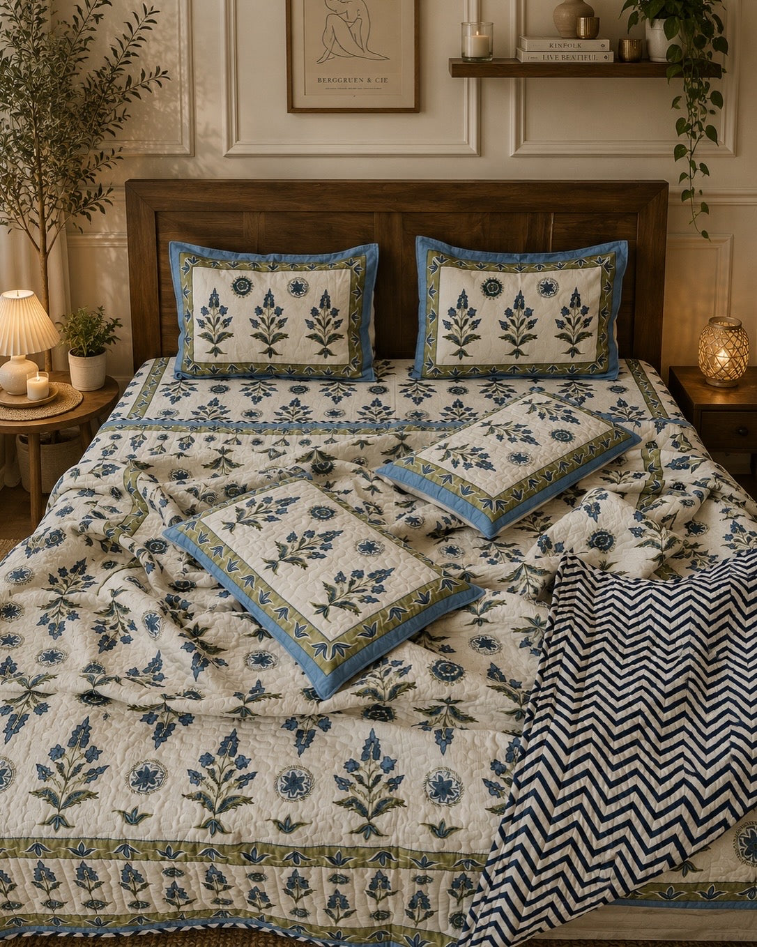 Pure cotton handblock printed king size 6 piece bedding set