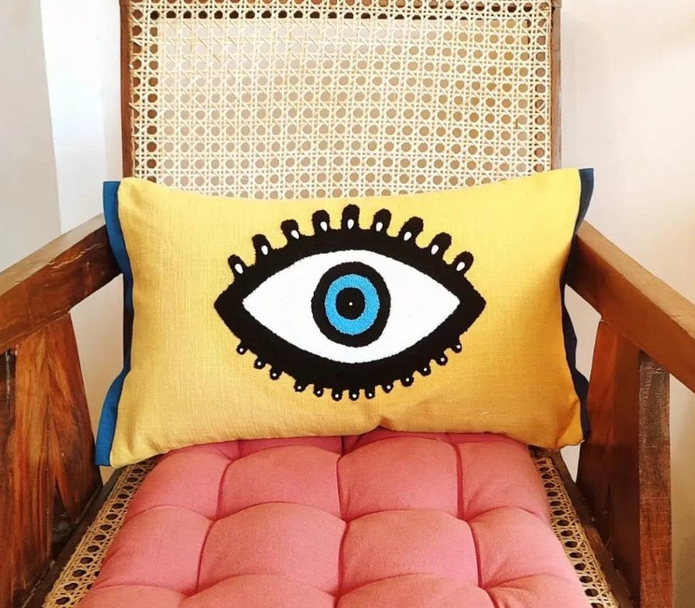 Evil eye aari embroidery work cushion cover (30x50 cms)