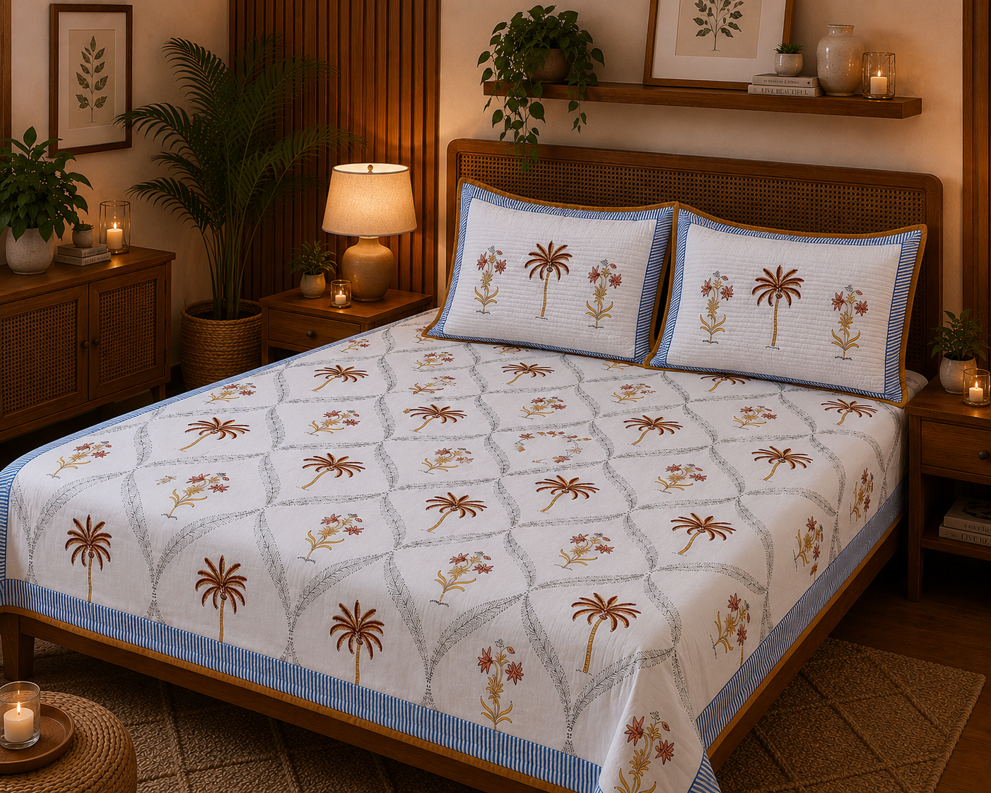 Pure cotton king size bedsheets with 2 quilted pillow covers (100x108 inches)