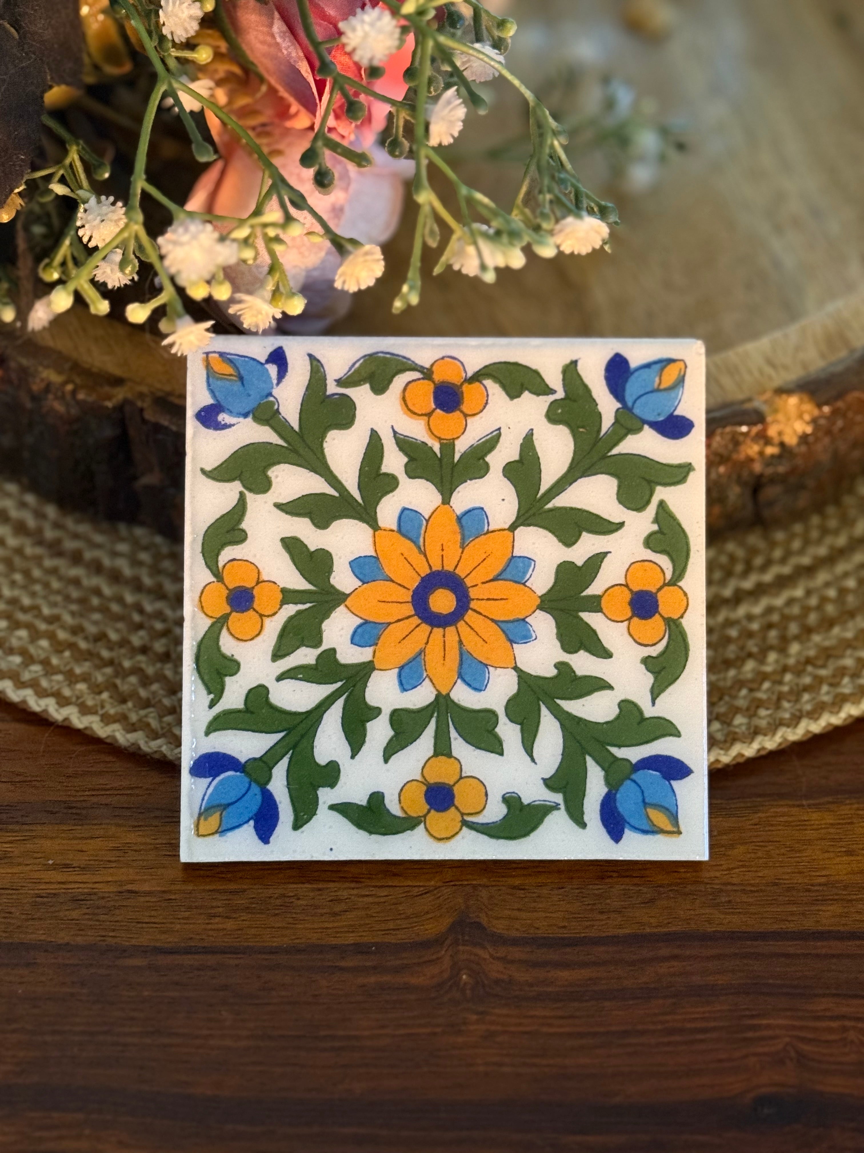 Traditionally hand-crafted blue pottery tile