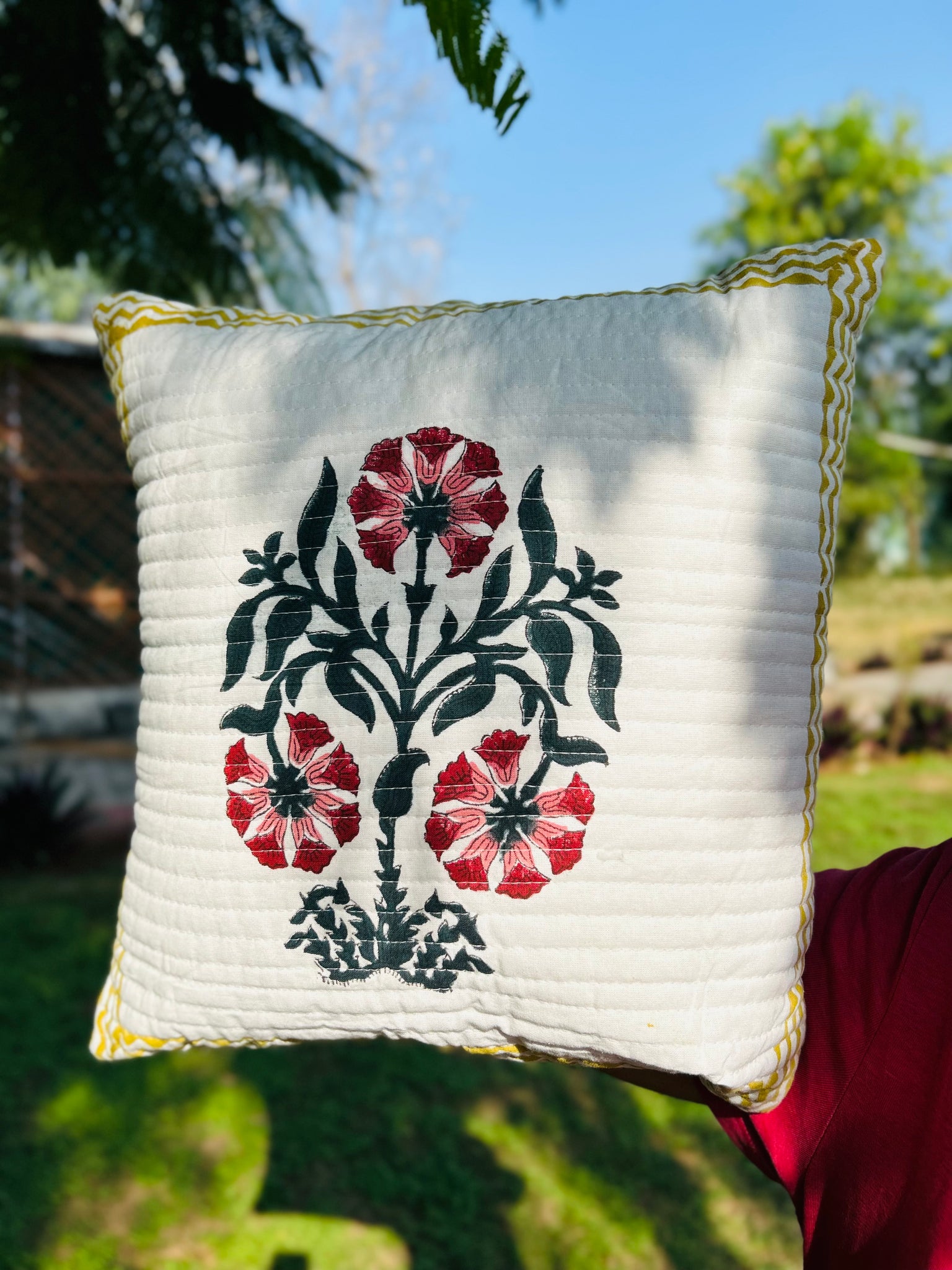 Pure cotton handblock printed and quilted Cushion Covers 16x16 inches/ 40x40 cms (Set of 5)