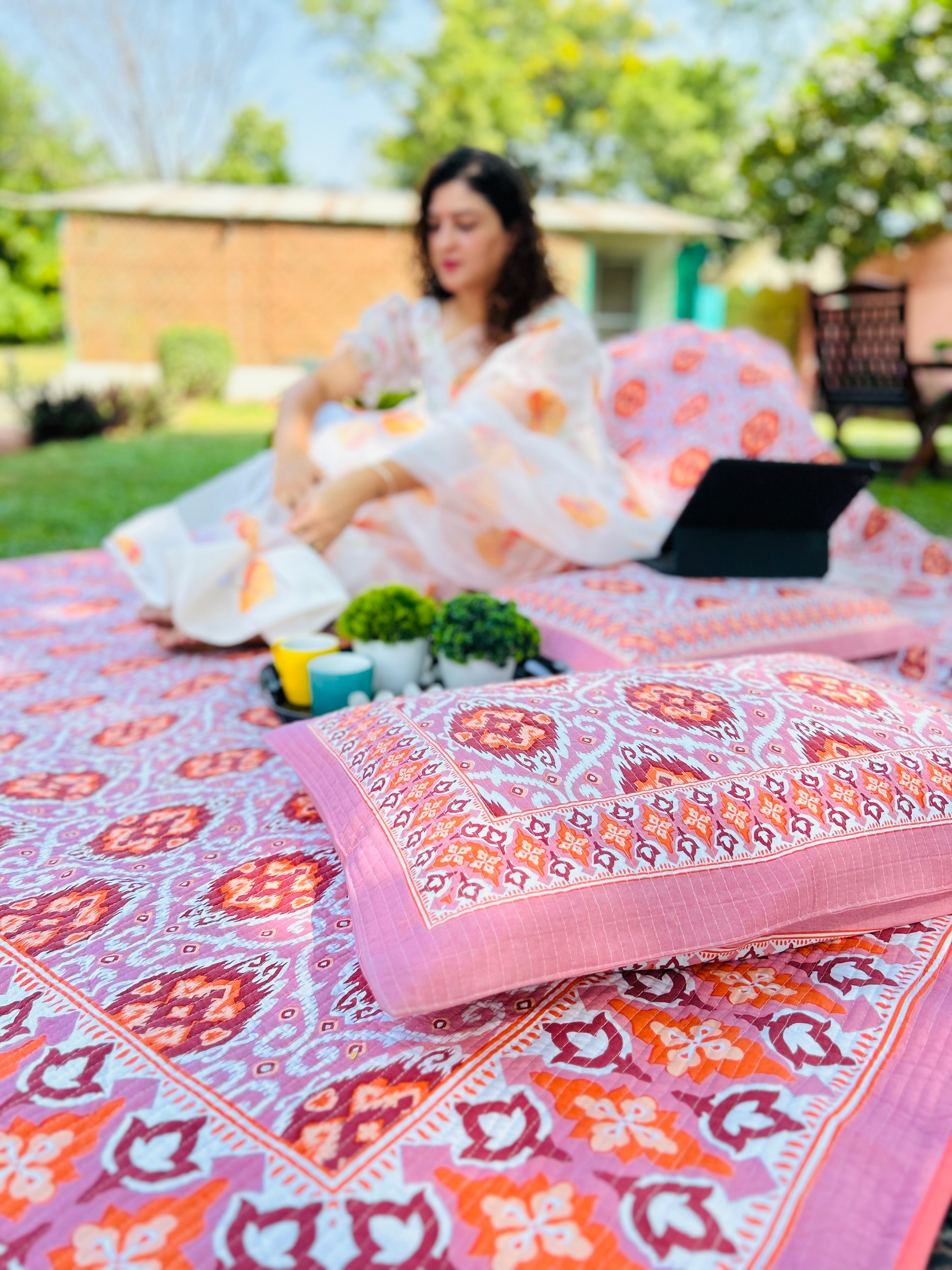 Pure cotton Ikkat quilted and reversible bedcover with two quilted pillow covers (90x108 inches) offer