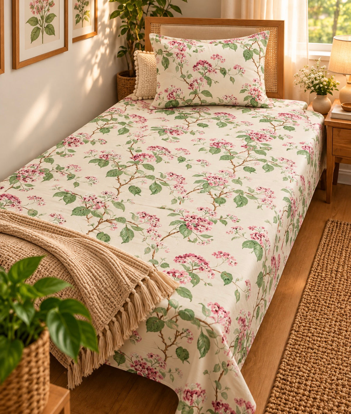 Pure cotton single bedsheet with 1 pillow cover (Size 60x90 inches)