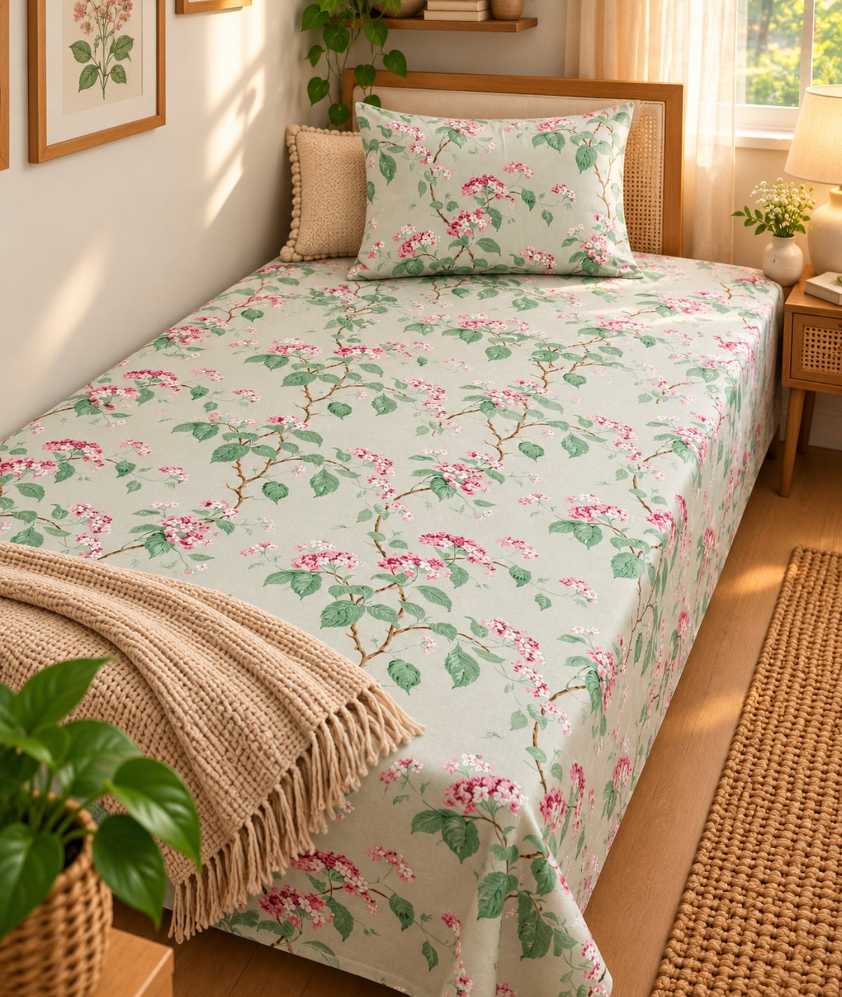 Pure cotton single bedsheet with 1 pillow cover (Size 60x90 inches)