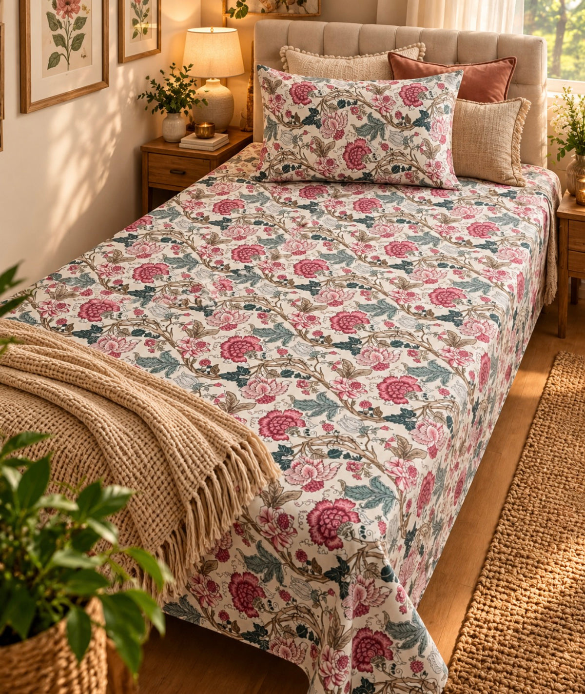 Pure cotton single bedsheet with 1 pillow cover (Size 60x90 inches)